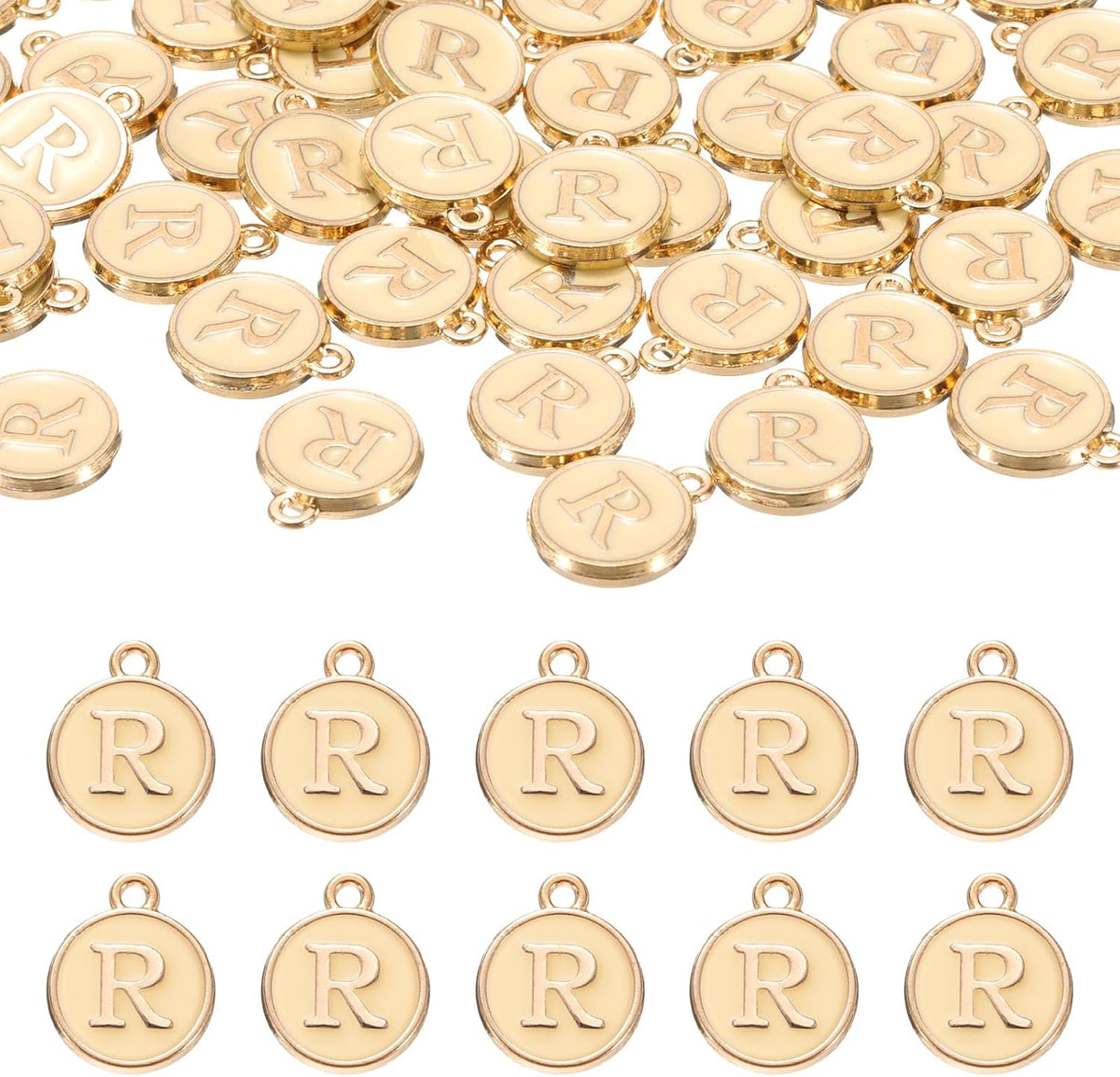 LinkMejor 52pcs Letter Charm, Enamel Letter Pendants, Alphabet R Pendants Double Sided Beads Charm for DIY Bracelet Necklace Pendants Earring Jewelry, Champagne Gold