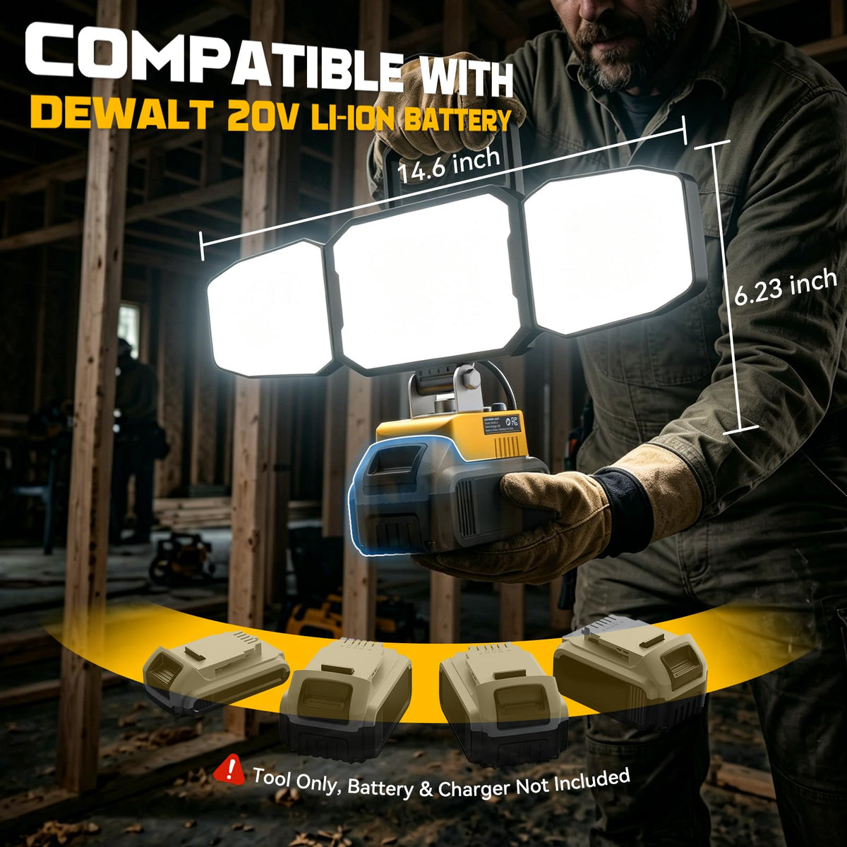 LED arbetsbelysning kompatibel med DeWalt 20V batteri, 150W 15000LM, Verktyg endast