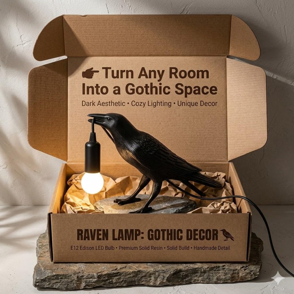 LinkMejor Raven Lamp Decor Gótico, Lâmpada de Mesa Corvo Preto com Bulb LED E12