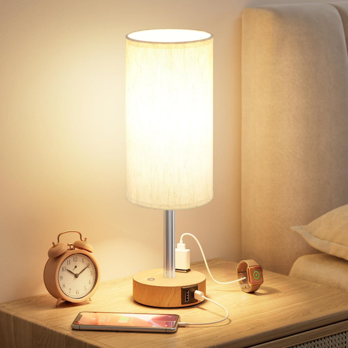 Lampu Meja Bedside untuk Kamar Tidur, Dimmable Tanpa Batas, USB A+C, Output AC