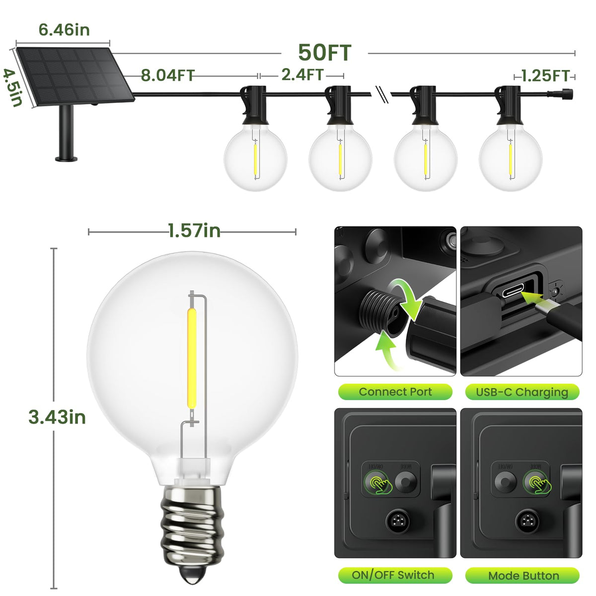 Luces de cuerda solares al aire libre impermeables LED 50 FT, regulables a distancia LinkMejor