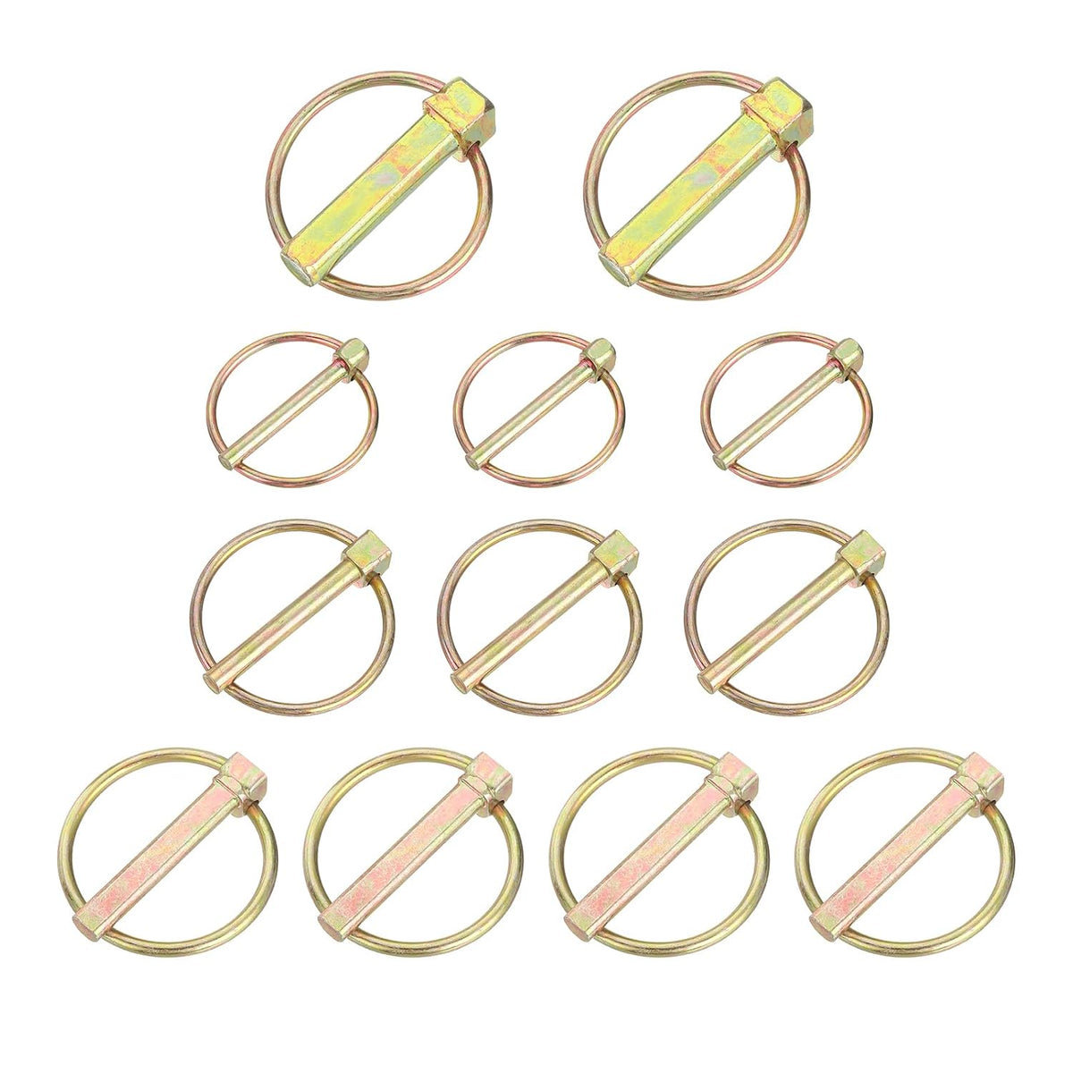 12Pcs 4 Sizes (7/16" x1-3/4, 5/16" x1-3/4, 1/4" x1-3/4, 3/16" x1-7/16) Linch Pins with Ring Assortment Kit, Carbon Steel Zinc Plated Pins for Trucks, Tractors, Trolleys, Color Zinc