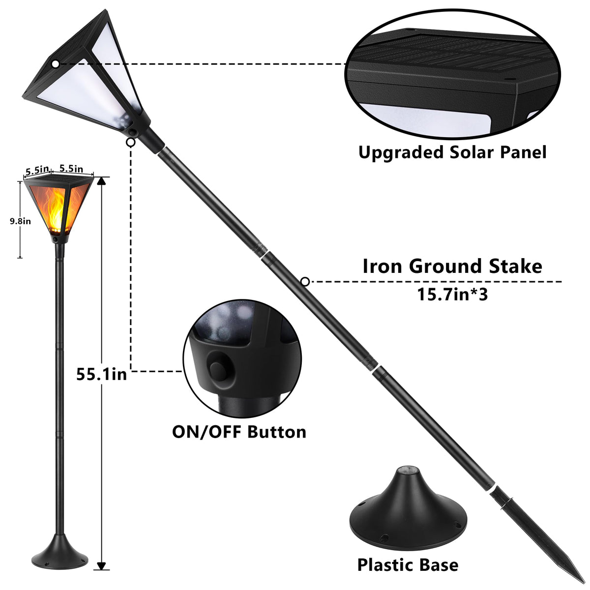 LinkMejor 2 Pack 55in Solar Flame Post Lights Outdoor Landscape Pathway Lamp