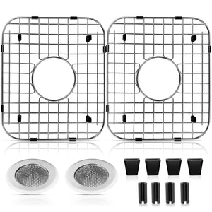 LinkMejor 2 Pack 13.7" x11.6" 304 Stainless Steel Sink Protectors for Kitchen Sink 14.2"X 12.1",Sink Grid Protector W/Center Drain,Sink Grate Sink Rack for Bottom of Sink w/Sink Strainers