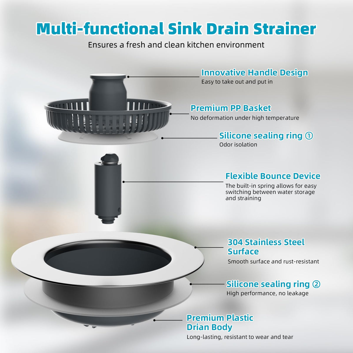 LinkMejor 3-in-1 Saluran Pemfilter Air Kandang Dapur & Stopper, Tangi Rata, Krom