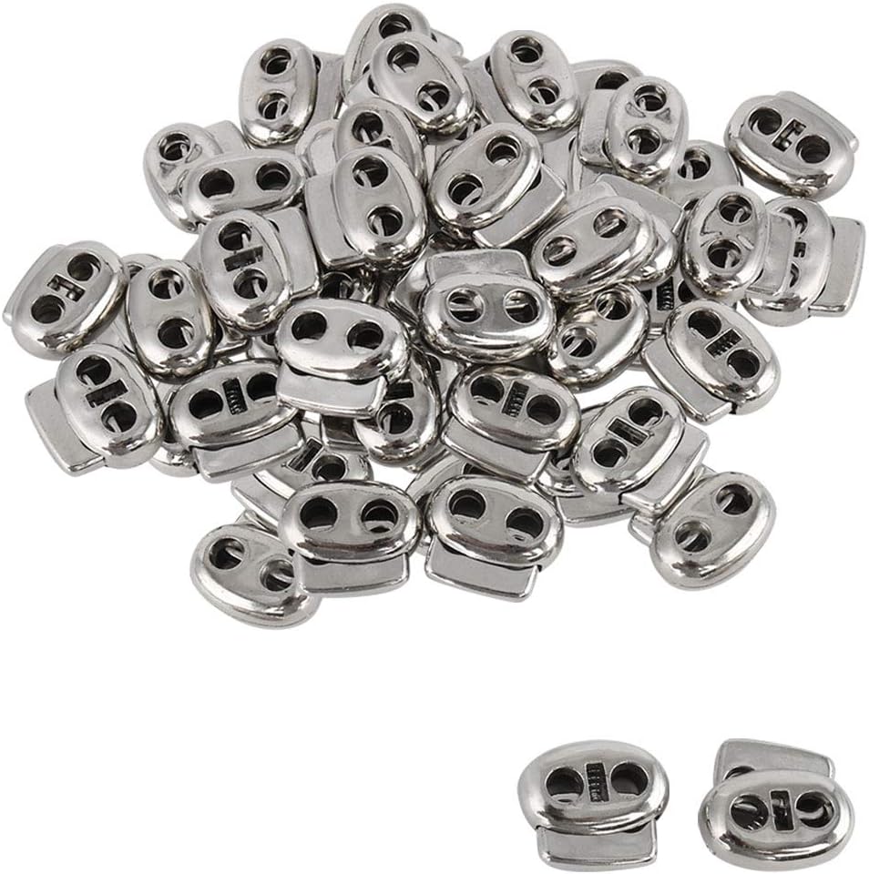 LinkMejor 50 Pcs Plastic Cord Locks Spring Stopper Double Hole Toggle Fastener Stopper Rope End for Drawstrings Clothing, Shoelaces, Bags, Tie-Downs, Silver Tone