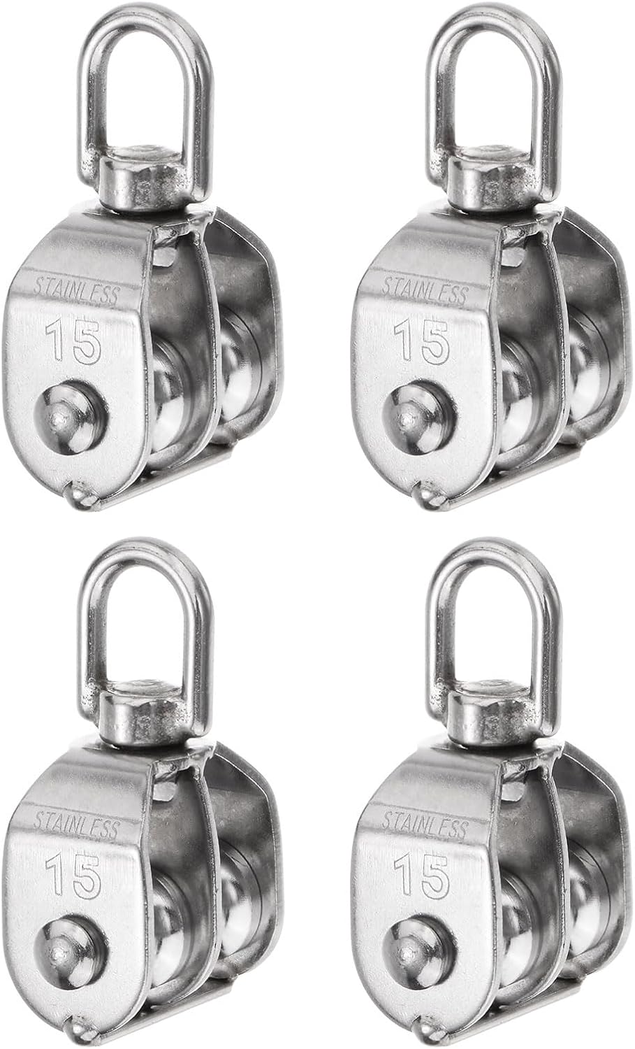 4pcs M15 Double Pulley Block, Stainless Steel Swivel Rigging Lifting Wheel Fixed Pulley, Crane Hanging Wire Towing Wheel, Rope Cable Pulley Roller
