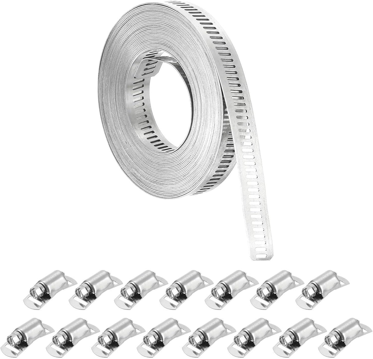304 Stainless Steel Hose Clamps, Cut-To-Fit 19.7 ft Metal Strap + 15 Stronger Fasteners Kit, Adjustable Worm Gear Band Hose Clamps for DIY Intercooler Pipe Plumbing Tube Fuel Line