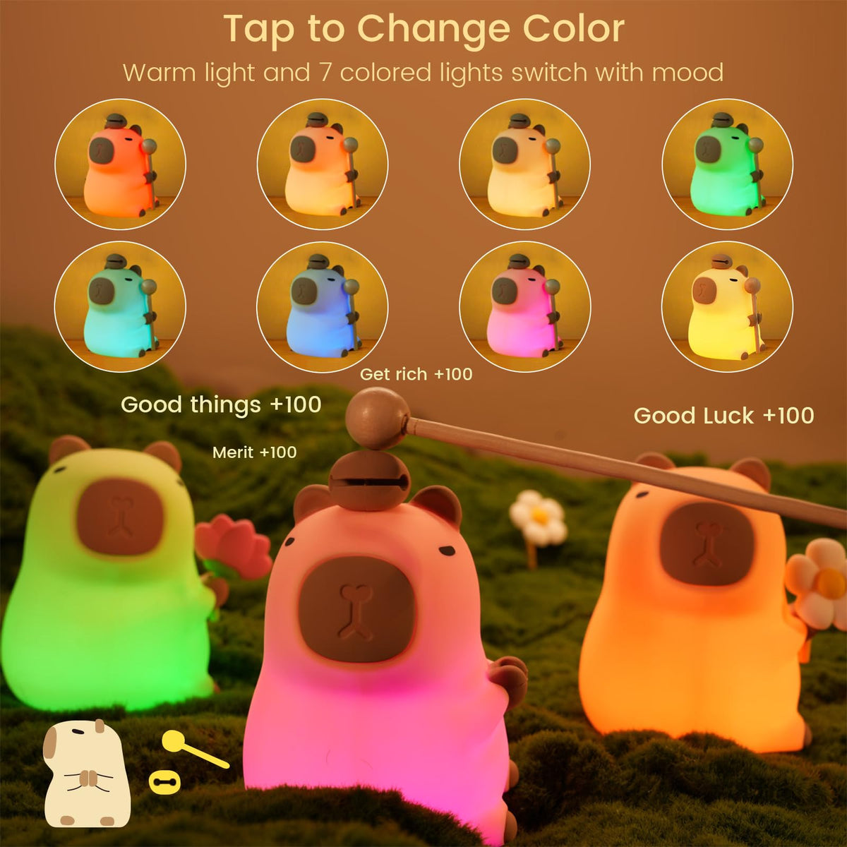 LinkMejor Capybara Natlampe, 7-Farver RGB, 3-Niveauer Dimbar, Oploadbar