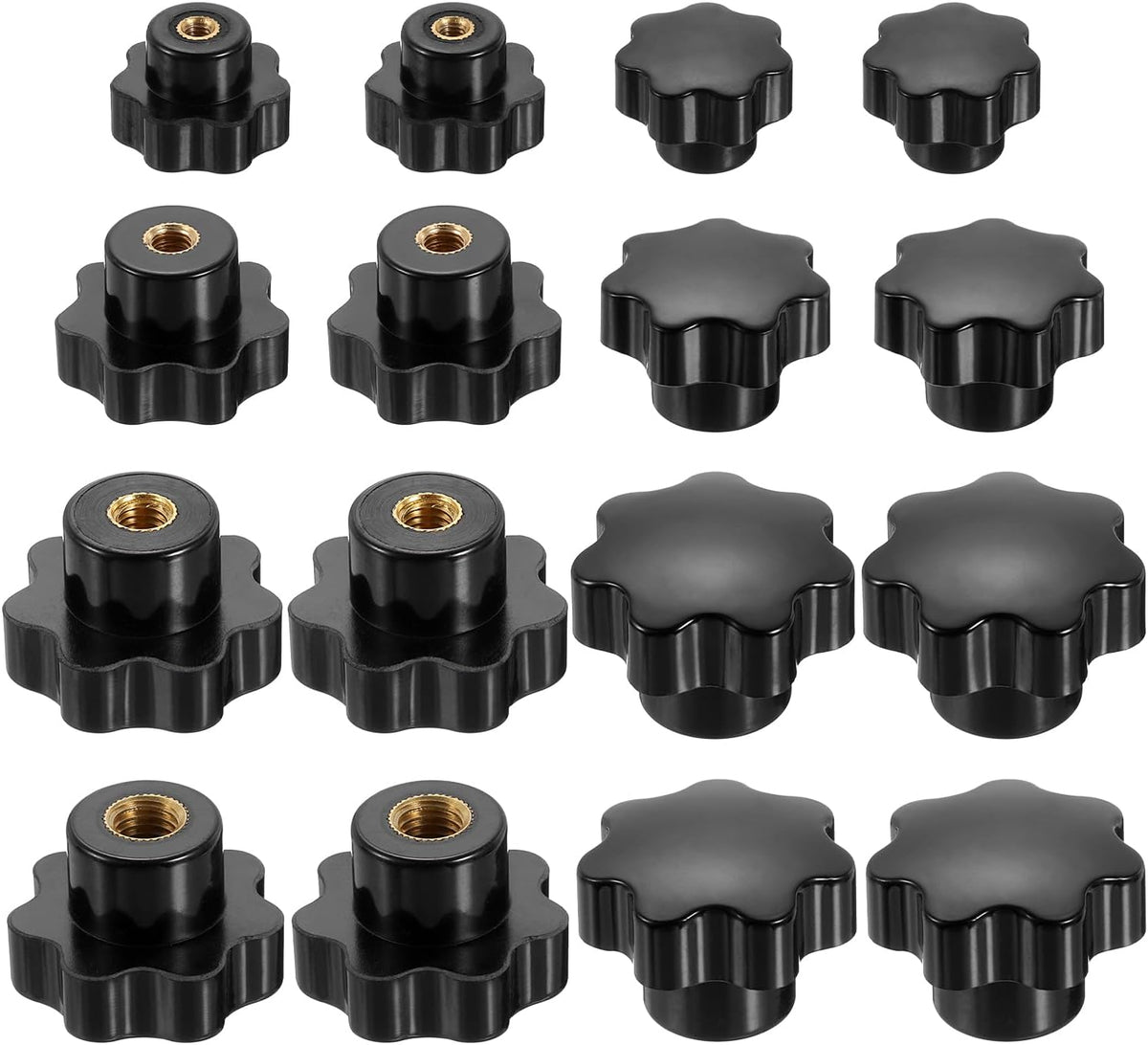 16pcs Clamping Star Knob Set M4 M6 M8 M10 Metric Female Thread 32mm 7-Point Star Plastic Head Non-Through Hole Brass Insert Screw-in Threaded Hand Knobs Handles Jig Knobs, Black