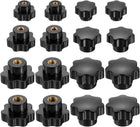 16pcs Clamping Star Knob Set M4 M6 M8 M10 Metric Female Thread 32mm 7-Point Star Plastic Head Non-Through Hole Brass Insert Screw-in Threaded Hand Knobs Handles Jig Knobs, Black