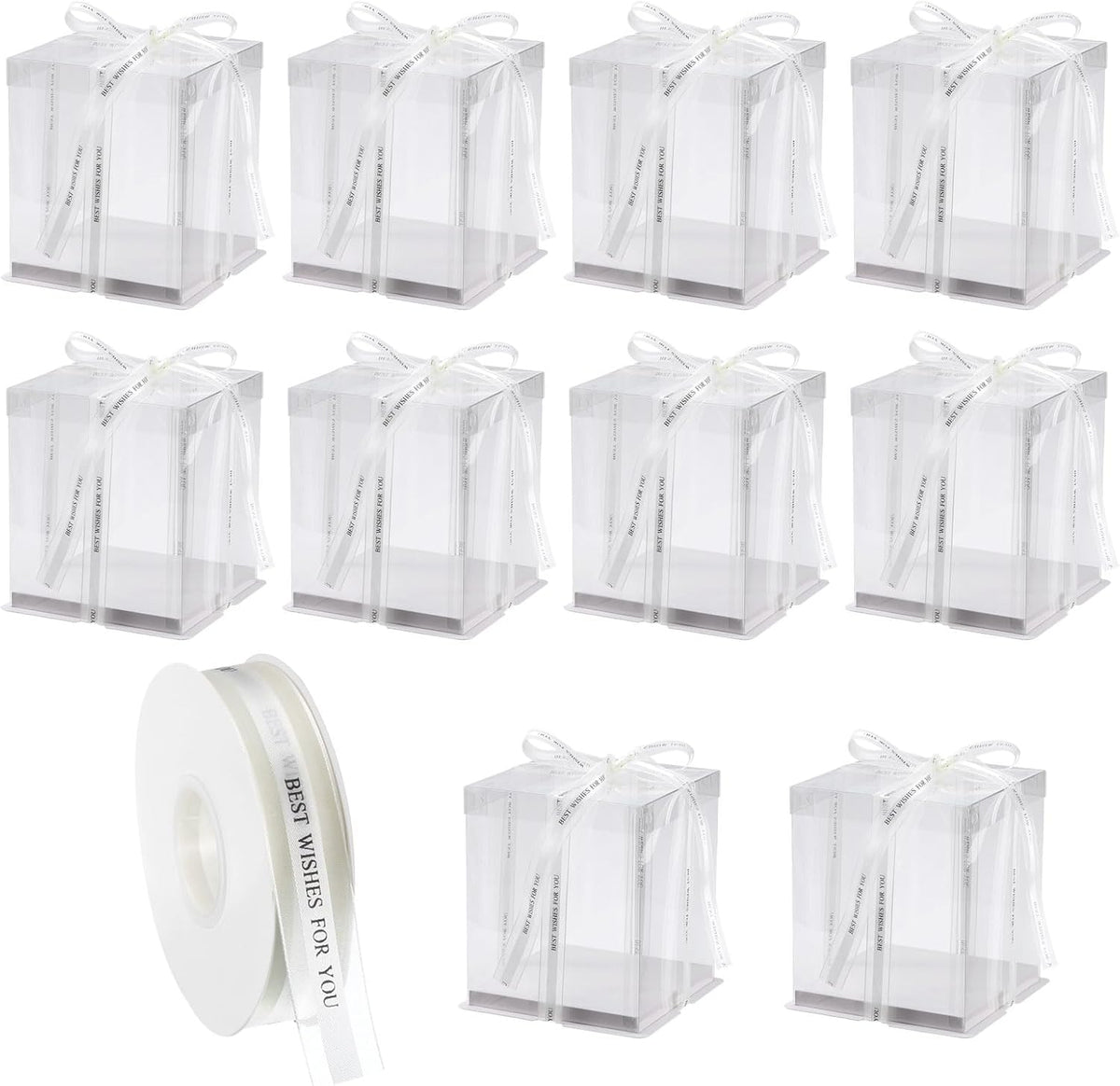 Clear Cake Box, 10Pcs 7"x7"x8" - Tall Cake Boxes with Ribbon for 4 Inch Cake Packing Carry - for Birthday Parties, Wedding (White)