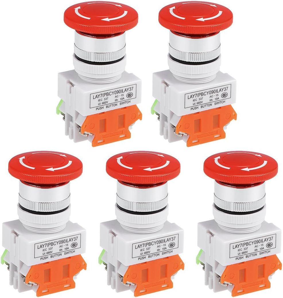 5 Pcs 22mm Mushroom Latching Emergency Stop Push Button Switch Red 1NO 1NC