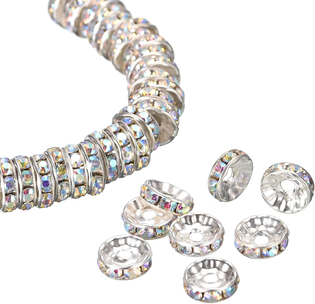100Pcs 12mm Round Silver with White AB White Rhinestone Spacer Beads for DIY Bracelet Necklace Jewelry Making Supplies