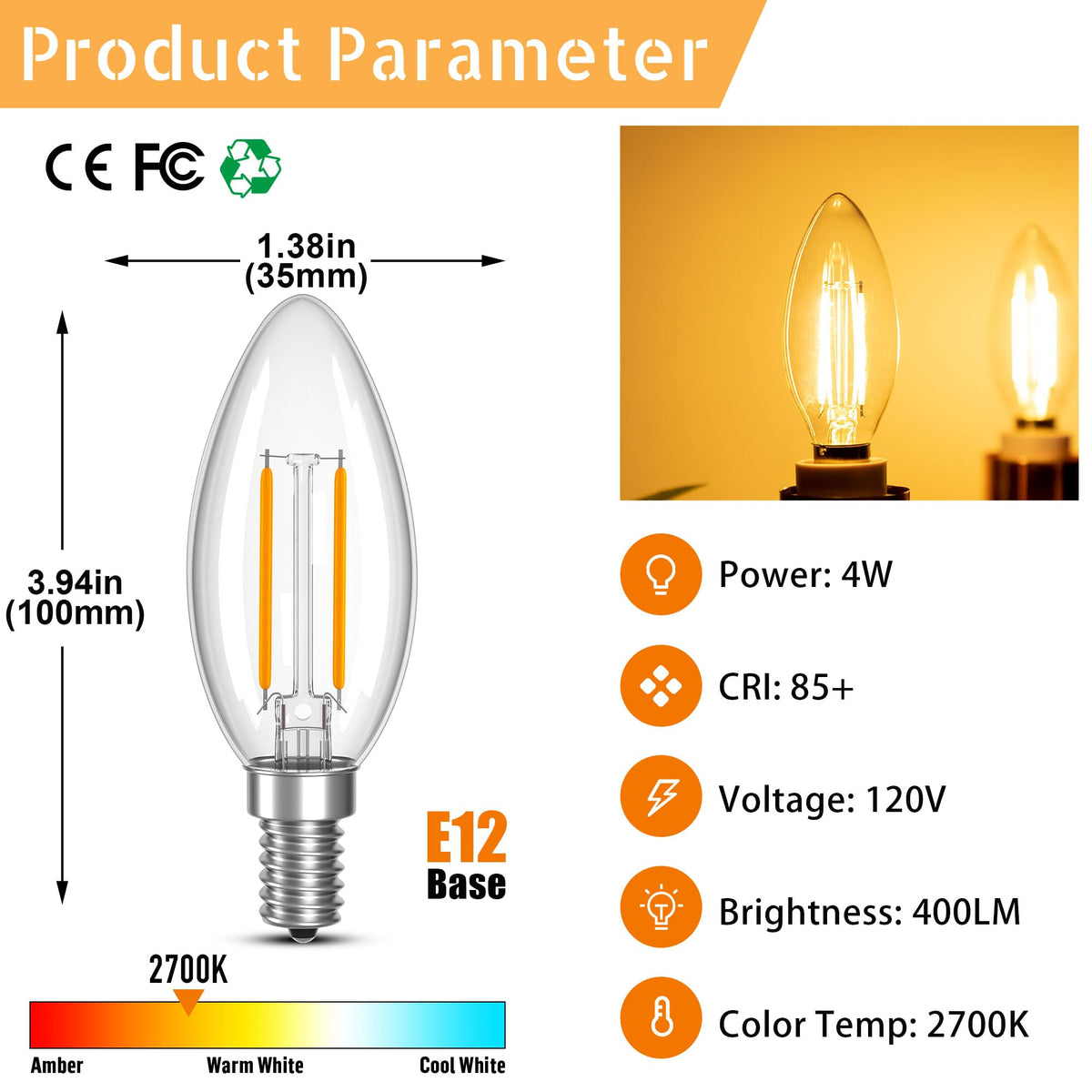 LinkMejor Niet Dimbaar C35 B10 E12 LED Type B Lamp 4W, 2700K 400LM