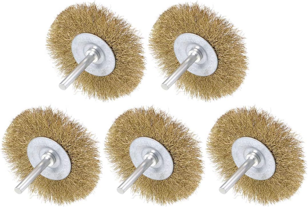 3-Inch Wire Wheel Brush Bench Brass Plated Crimped Steel 1/4-Inch Shank 5 Pcs