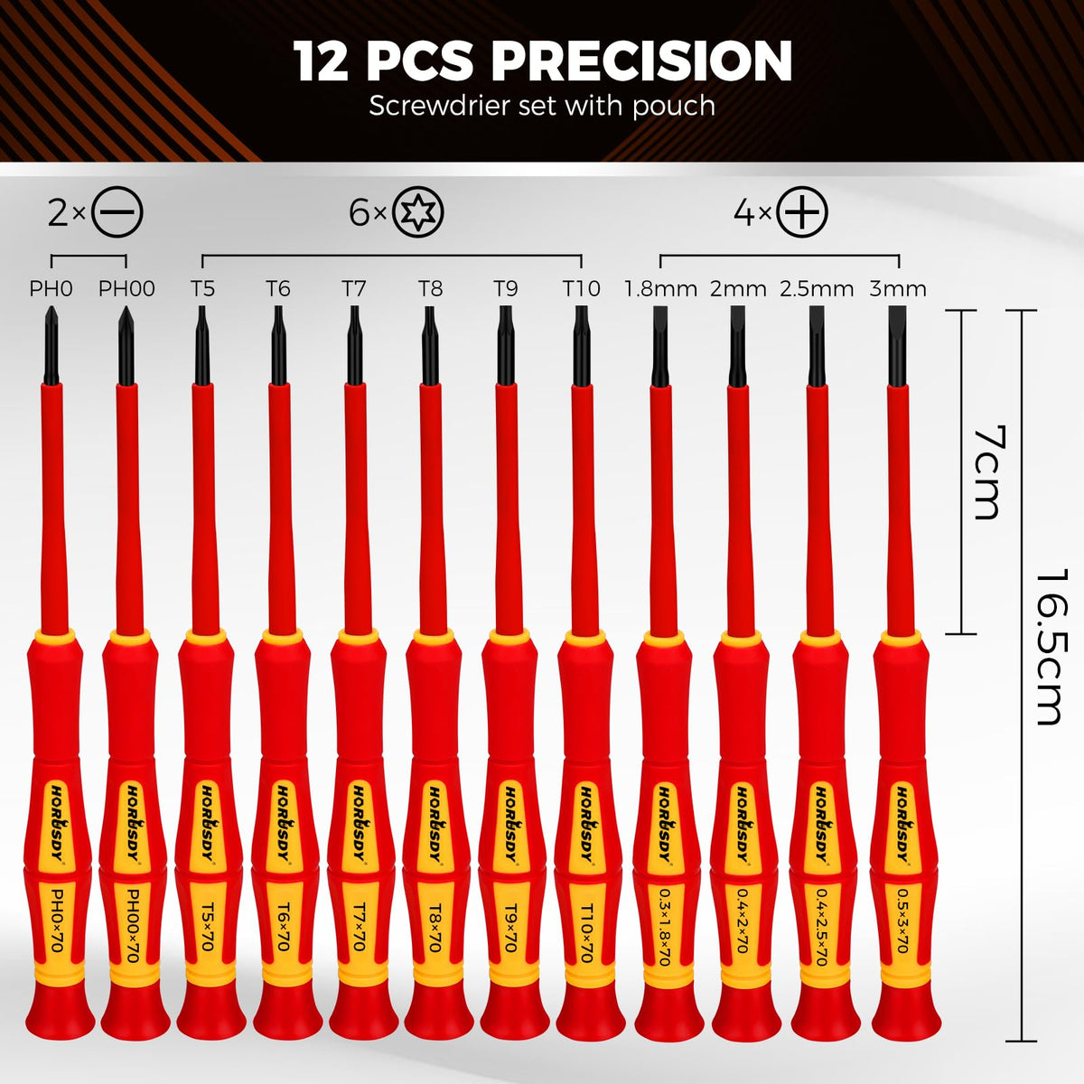 LinkMejor 12-Piece Precision Screwdriver Set, 1000V Insulated Electrician Screwdrivers with Magnetic Tips & Rotatable Top Cap, Phillips PH0/PH00, Slotted 1.8–3mm & Torx T5–T10 with Portable Storage