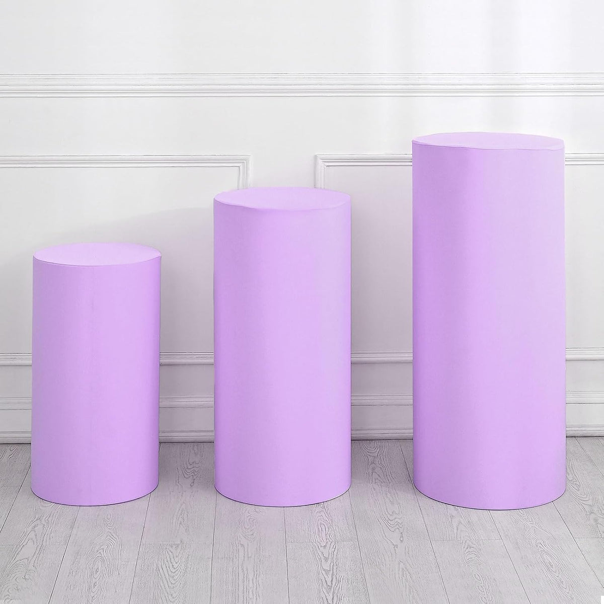 Set of 3 Light Purple Cylinder Spandex Stand Covers, Plinth Stand Cover for Party Wedding Birthday Decoration, Only Contains Cylinder Covers (Elastic Fabric - Large)