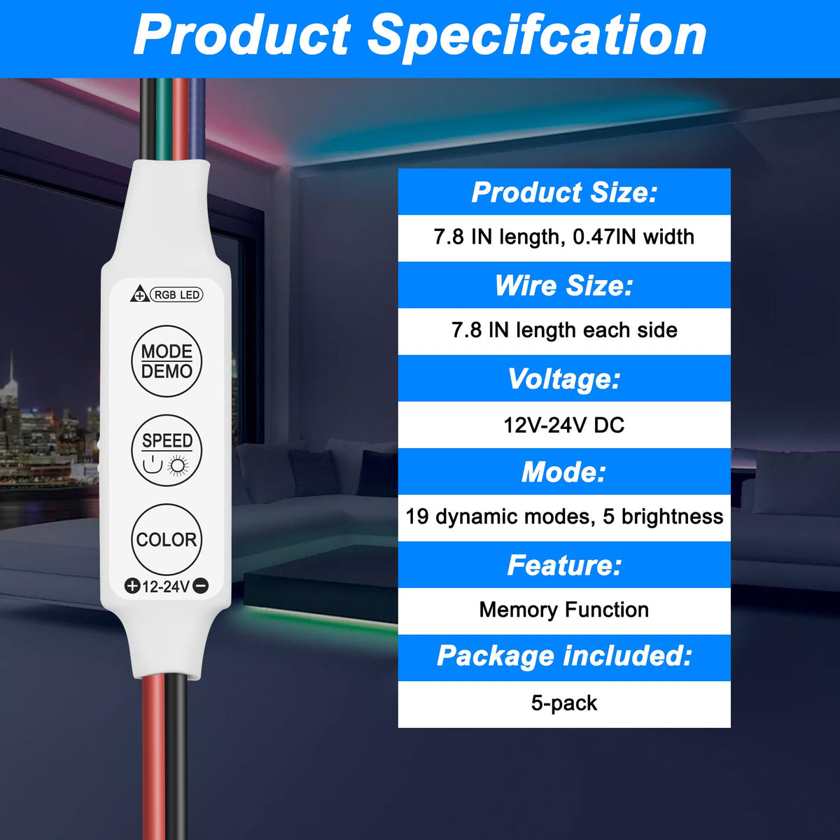 LinkMejor Mini Pengawal LED RGB 3Kunci Strip Light Kecerahan Dimmer-5PCS