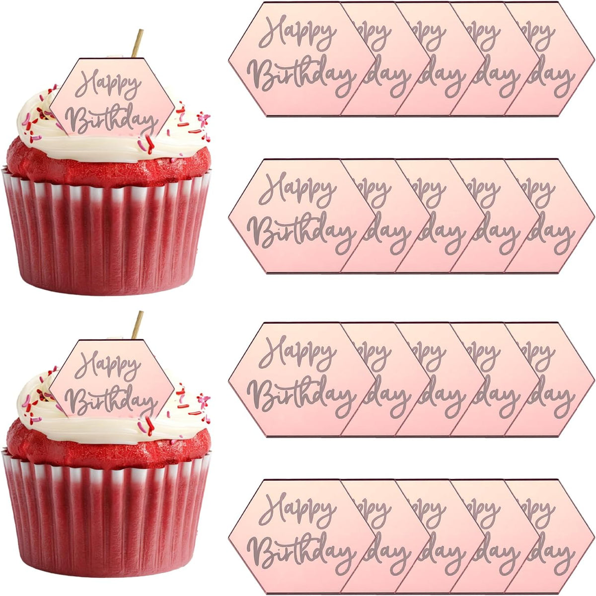20Pcs Akryyili MIRROR-LEIVÄN KORISTEET, Onnellinen Syntymäpäivä Cupcake Koristeet Hexagon Muodot Laser Valinnat Lempiruoka Koristukset juhlaa juhlaa, 002-Rose Gold