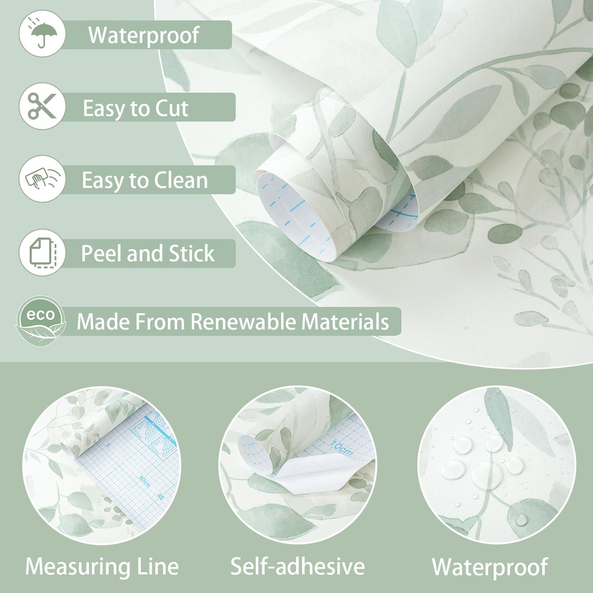 LinkMejor Verde Chiaro Foglia Tappezzeria Strappare e Incollare Carta da Parete Moderna Boho Contatto 78.7" x 17.3" Carta da Parete Autoadesiva Rimovibile per Camera da Letto Bagno Rotoli di Vinile
