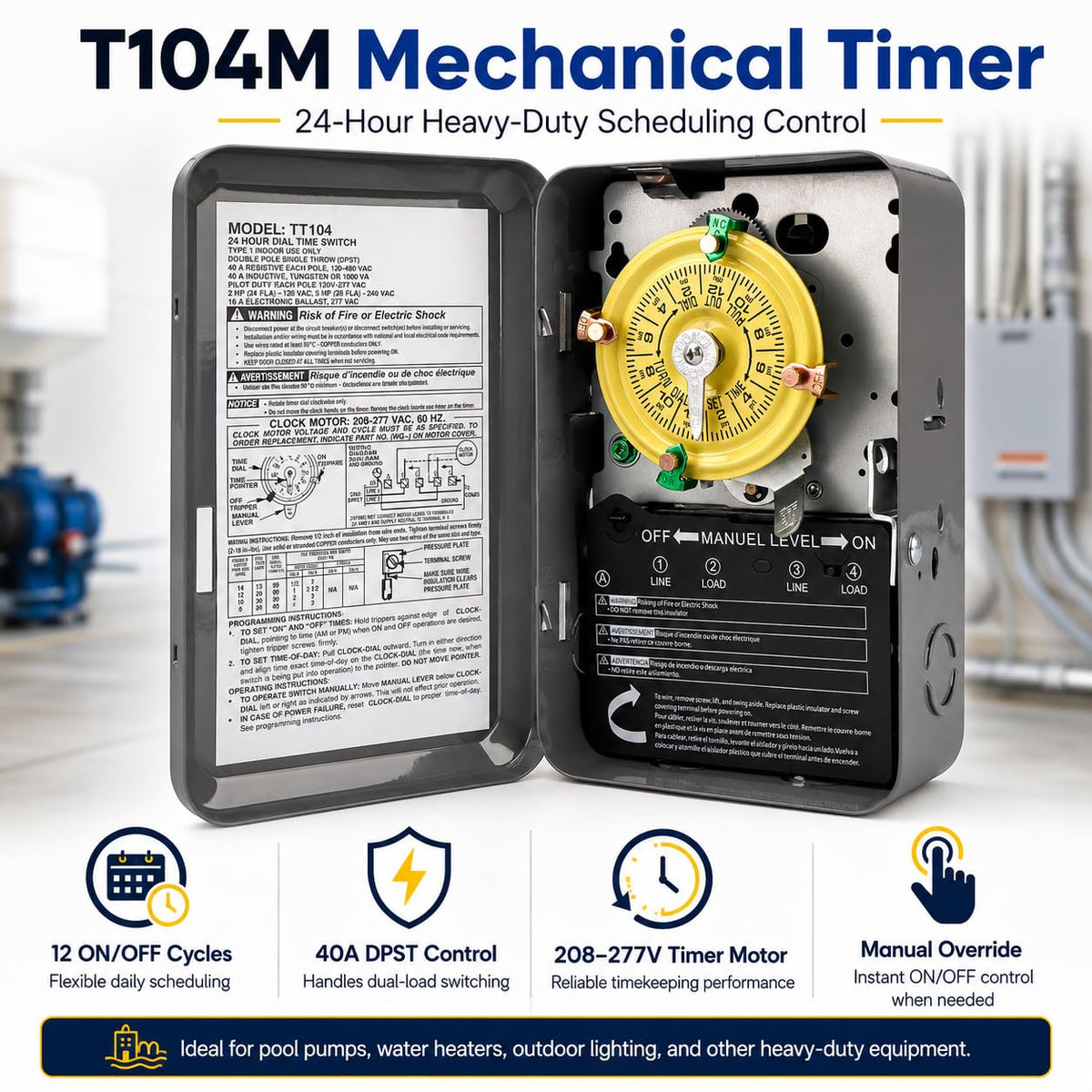 T104M Mecanismo de Reloj de Piscina Solo, Interruptor de Reloj Mecánico de 24 Horas para Bomba