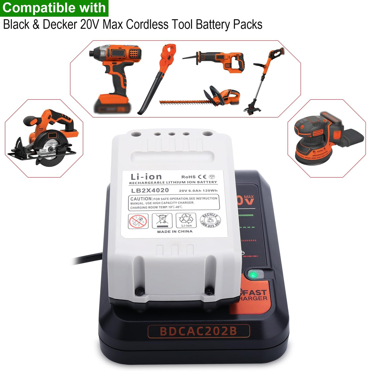 BDCAC202B 20V 빠른 충전기, Black&Decker 20V 리튬 배터리 호환