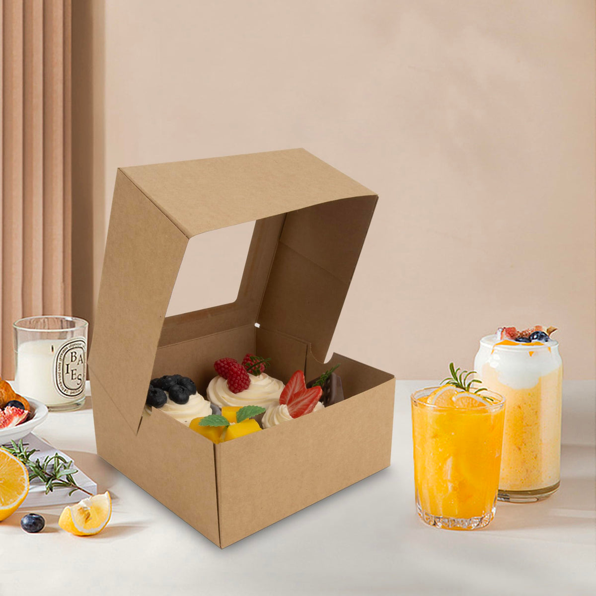 LinkMejor 4 Cesti per Cupcake Kraft con finestra, 6 Set, 6x6x3 Pollici
