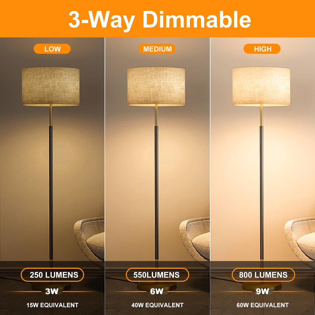 Trójdrożne żarówki LED 15 40 60Watt ekwiwalent biały ciepły 2700K, E26, 4-Pack