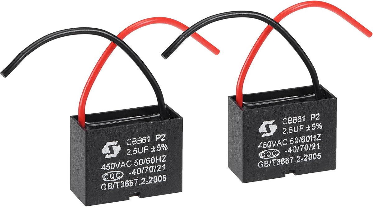 Ceiling Fan Capacitor CBB61 2.5uF 450V AC 2 Wires Metallized Polypropylene Film Capacitor 38x29x17mm for Electric Fan Pump Motor Generator 2Pcs