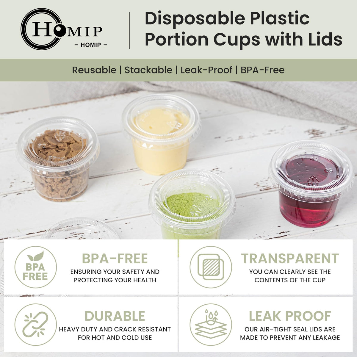 LinkMejor 300PACK 1oz Plastic Portion Cups met doppen, Condiment, Jello Shot Cup
