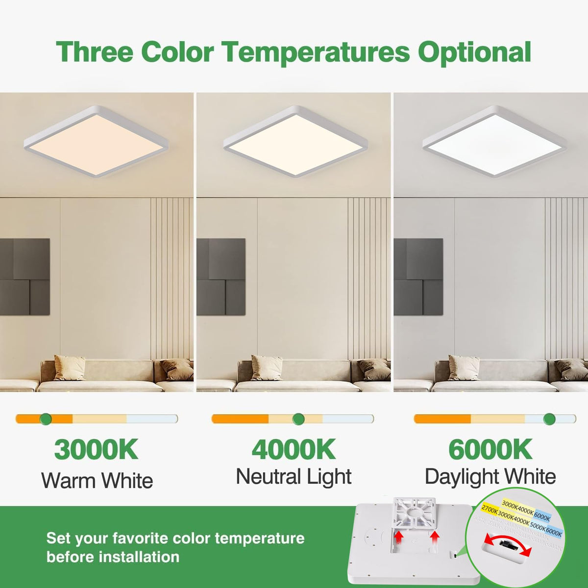 1Pack 16 calowy kwadratowy montaż w suficie światło LED, 36W, 3600LM, 3CCT ( biały )