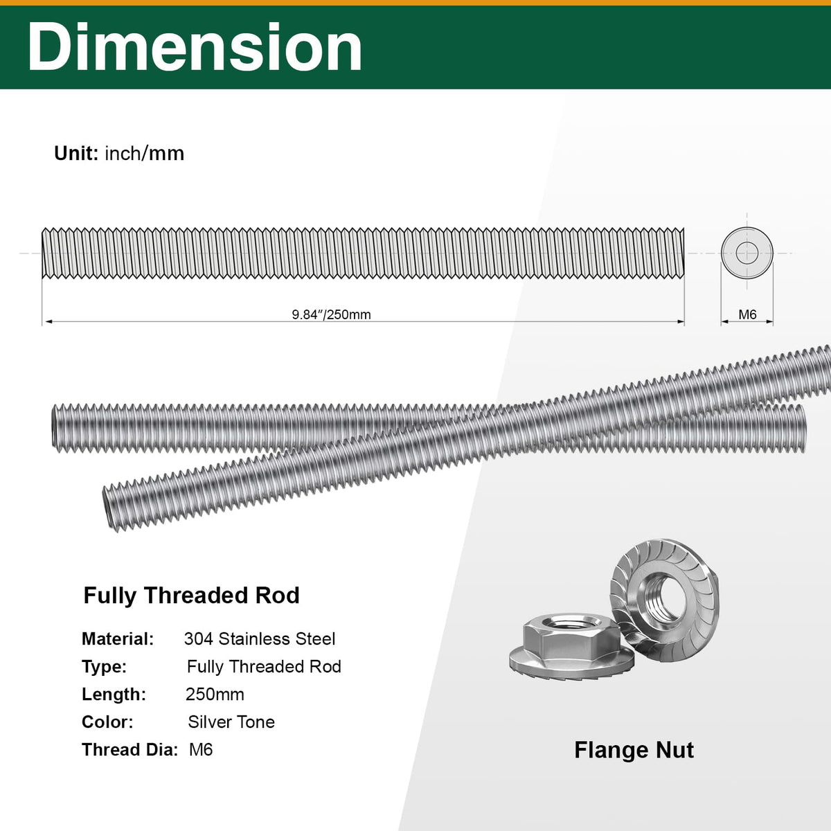 6PCS M6-1.0x250mm Fully Threaded Rods, 304 Stainless Steel Studs