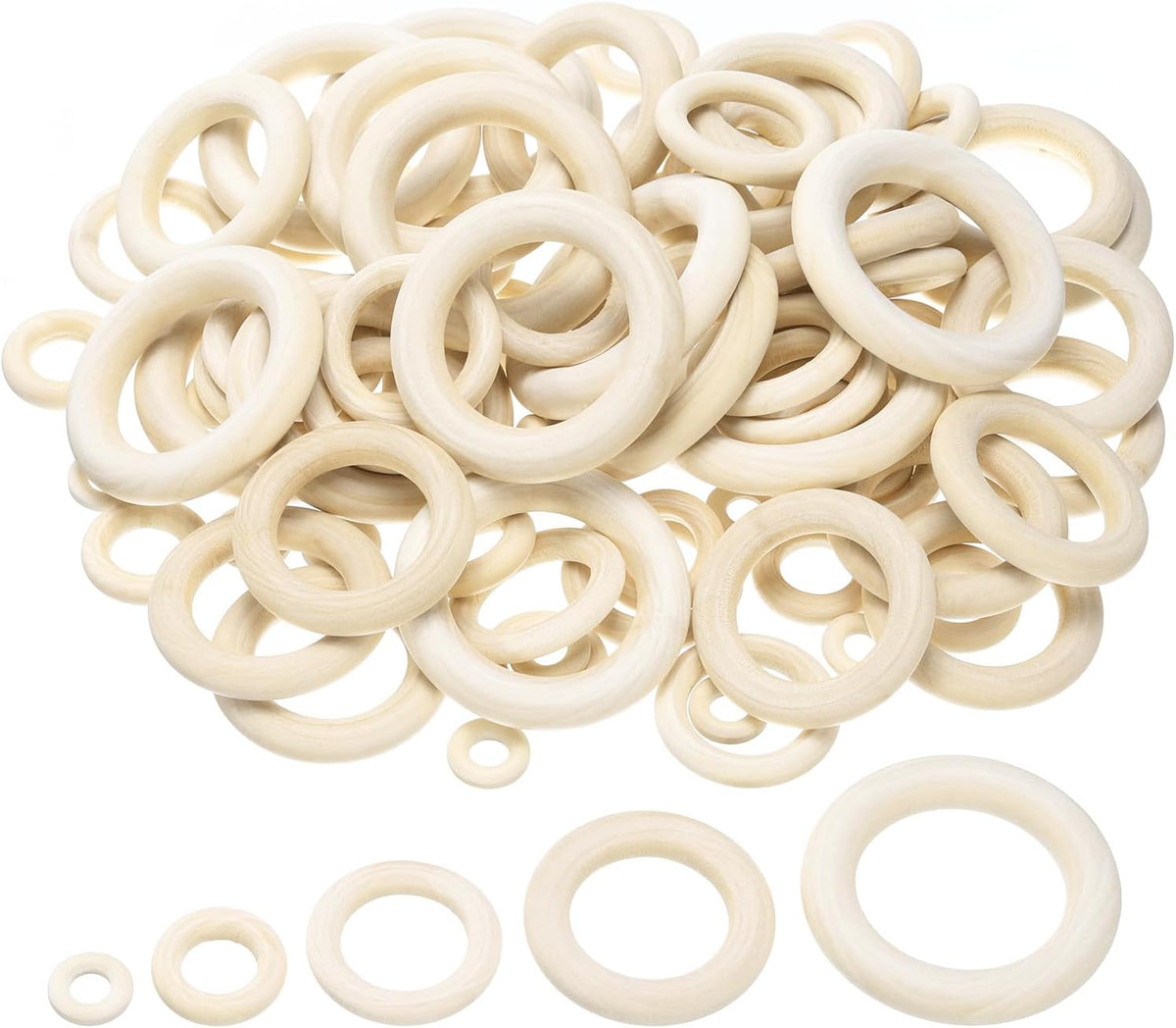 LinkMejor 100 PCS 5 Size Natural Wood Craft Ring, Small Wooden Rings Circle, Unfinished Solid Wood Pendant Connectors for DIY Craft, Macrame, Ring Pendant and Jewelry Making