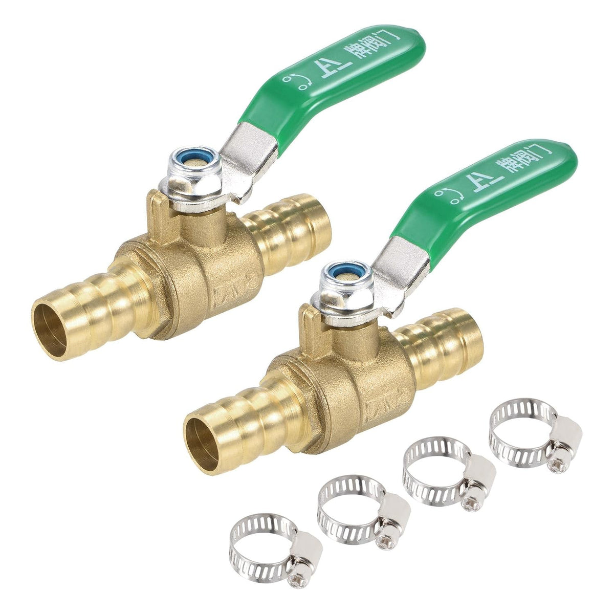 Brass Air Ball Valve Shut Off Switch 12mm Hose Barb to 12mm Hose Barb with Clamps Green Handle 2Pcs