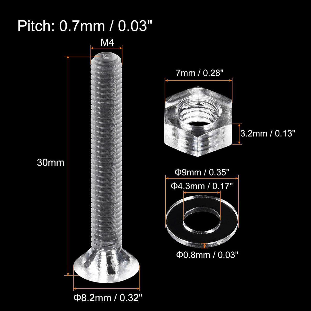 M5 x 12mm Scruj Plastic Phillips cu Nuci și Fileți Plani, Buloți de Scruj PC Cap Plin Transparent 20 Seturi