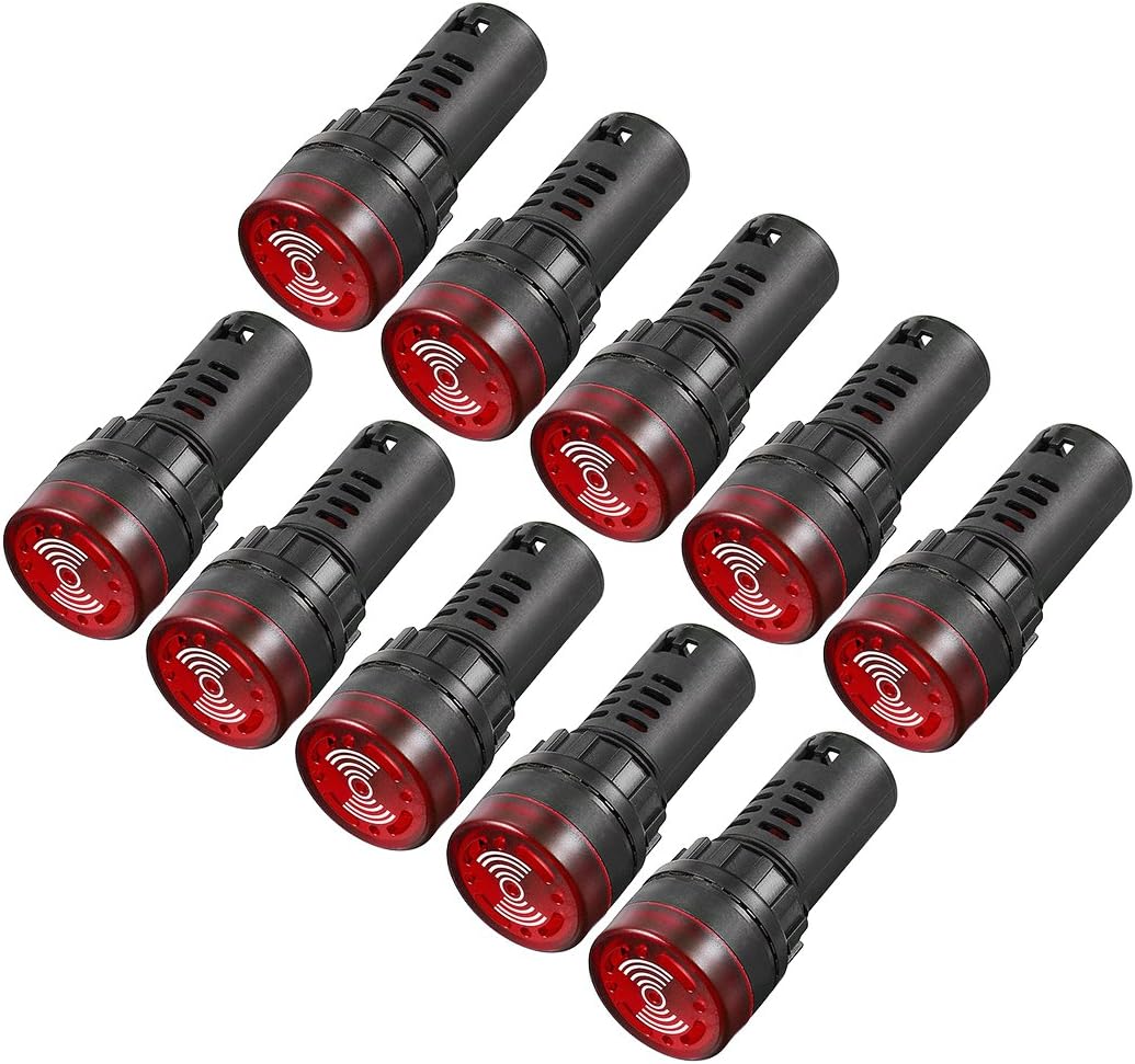 10Pcs Red Indicator Light with Buzzer AC/DC 24V, 22mm Panel Mount Flashing Alarm, for Electrical Control Panel, HVAC, DIY Projects