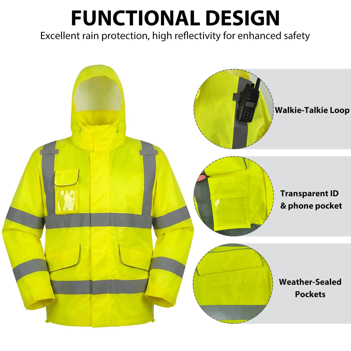 LinkMejor Class 3 Hi Vis reflective Rain Jacket Waterproof Safety Coat