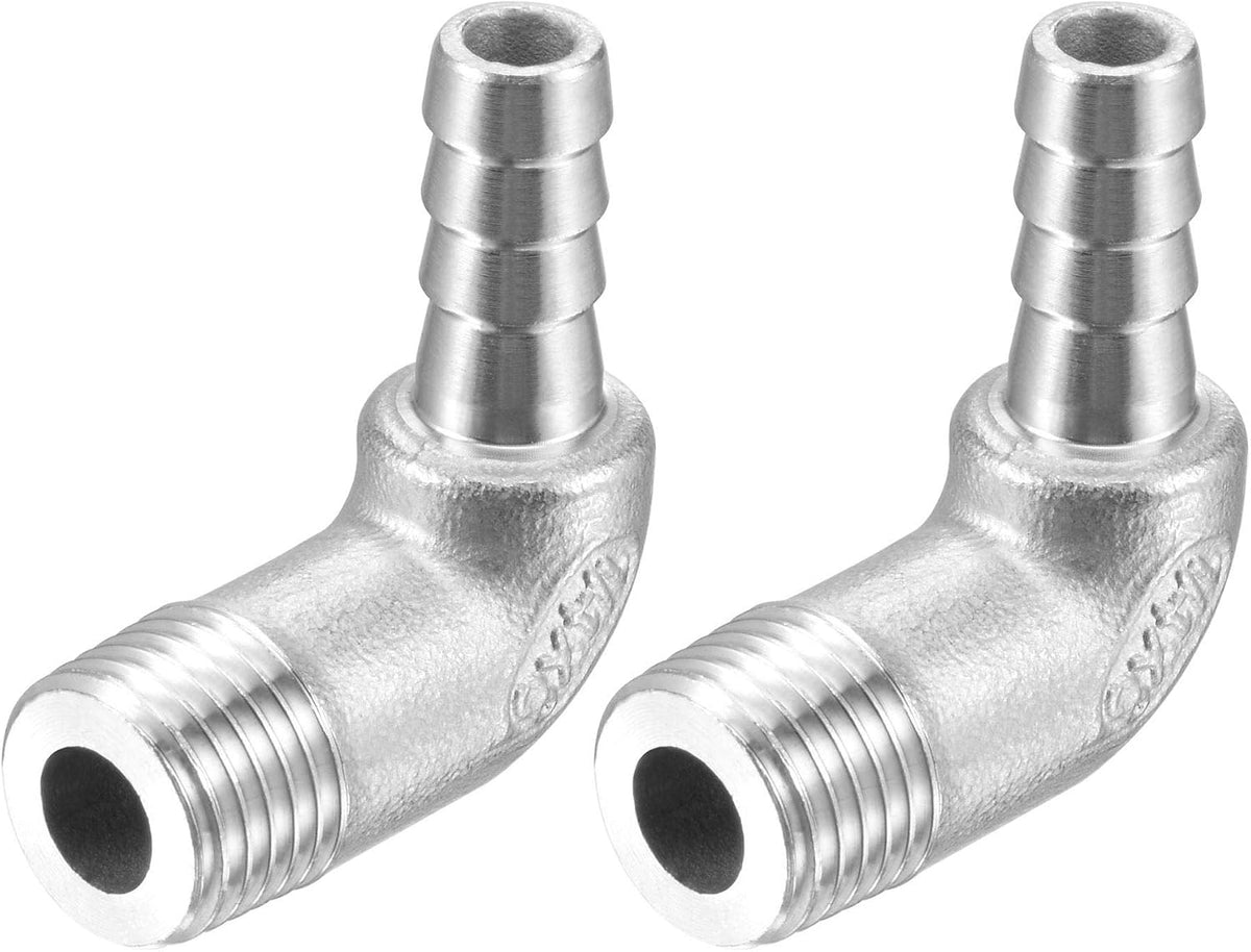 304 Stainless Steel Hose Barb Fitting Elbow, 8mm Barbed x G1/4 Male Pipe Connector Adapter for Water Fuel Air, Pack of 2