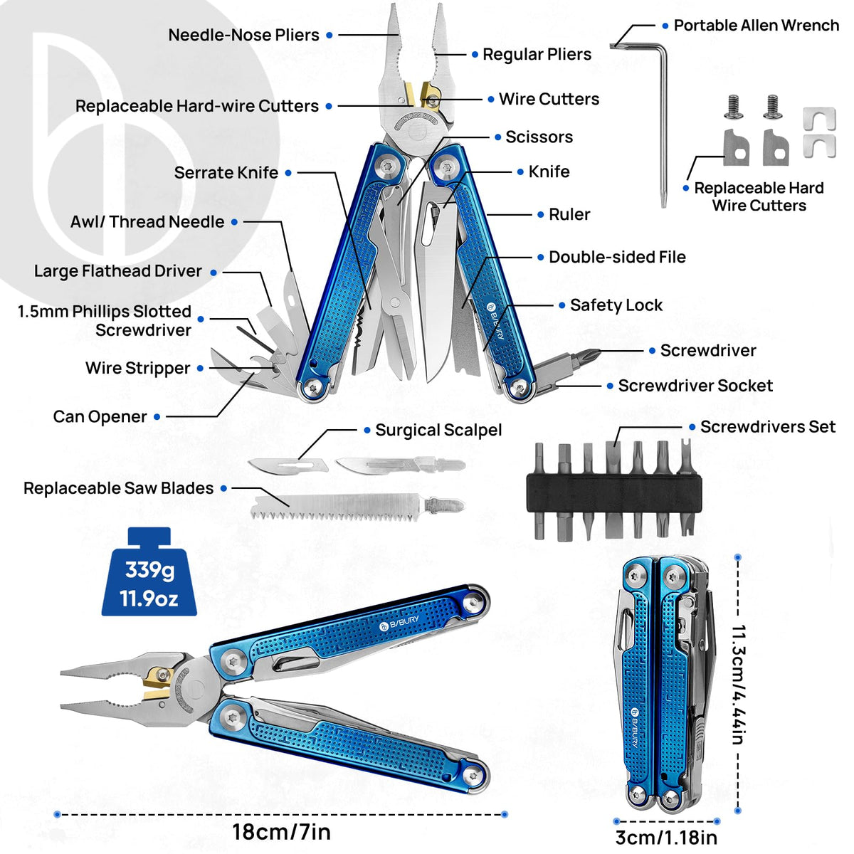LinkMejor Multitool Crimpere cu Maner din Titan Albastru și 440A Knfie, BI2049BL