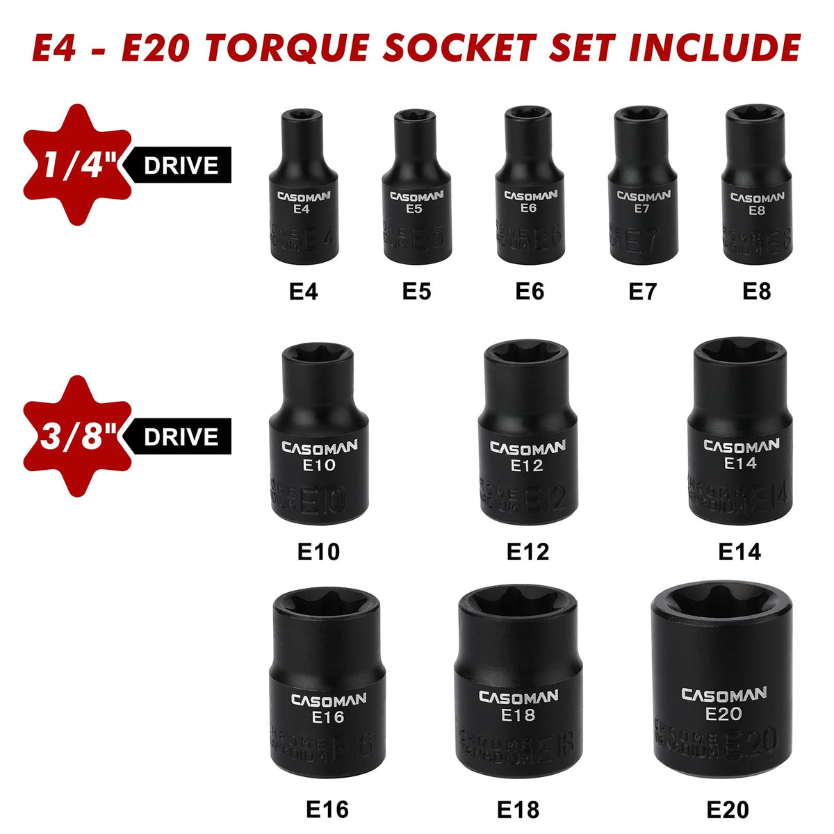LinkMejor 11PCS Female Torx Socket Set, E Torx & Star Socket Set with Rail, E4 - E20 Torque Sockets
