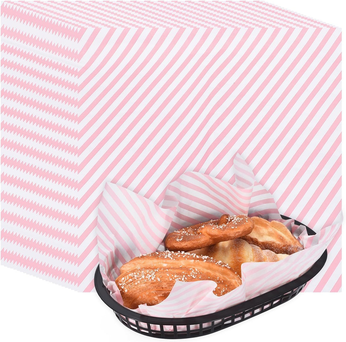 50pcs Wax Paper Sheets with 5 Pcs Fast Food Baskets, 11.8" x 11.8" Sandwich Wrapping Paper Twill Basket Liners for Restaurant Supplies BBQ Baking Hamburger Fries, Pink