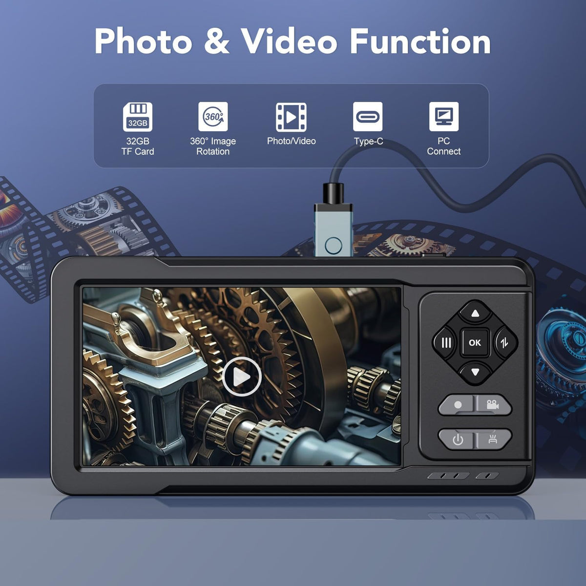 Kamera Endoskop 5" IPS Dual Lens dengan Lain, Kamera Borescope 1080P