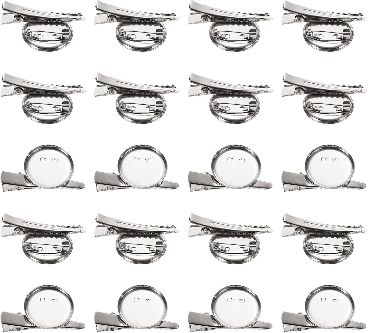 20 Pcs Silver Brooch Blank Round Trays with Alligator Clip and Pin Metal Brooch Clasp Clip Pins Disc Base for Corsage ID Badges Name Cards Tags DIY Craft (24mm/0.9")