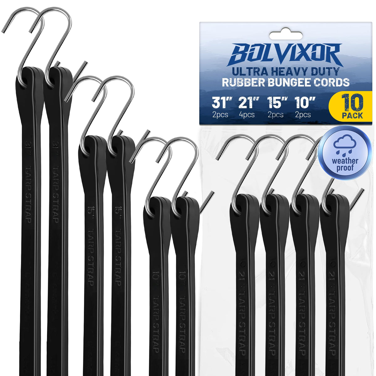 Cintas elásticas con ganchos, 10 Unidades, 10", 15", 21", 31", Goma EPDM