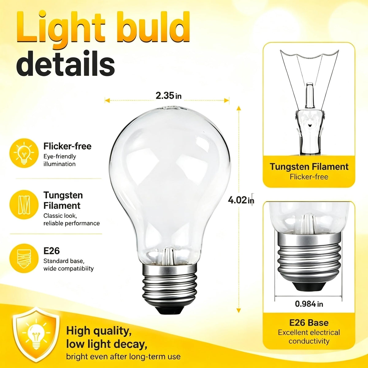 60 Watt Lampadine Incandescenti, Lampadina A19 Resistente allo Sbaffio per Uso Esterno, Bianco Caldo, Base Media E26, Regolabile (4Pack)