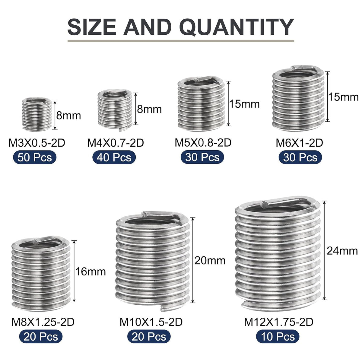 200pcs Drahtfaden-Einsatz-Set M3 M4 M5 M6 M8 M10 M12 (2D) Metrisch 304 Edelstahl Helical Inserts Coiled Thread Reparaturset Drahtfadenhülse Schicht für mechanische Ausrüstung