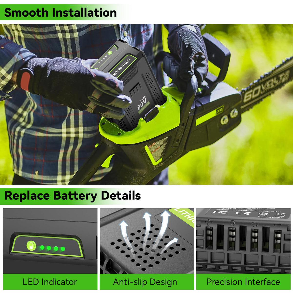 LinkMejor 60V 5.0Ah Battery Compatible for Greenworks 60V Battery LB604, 2908502, LB6042, LB60A00, LB60A01, LB60A02, Compatible with Greenworks 60 Volt Power Tools PS60L211 PH60L210 CS60L810