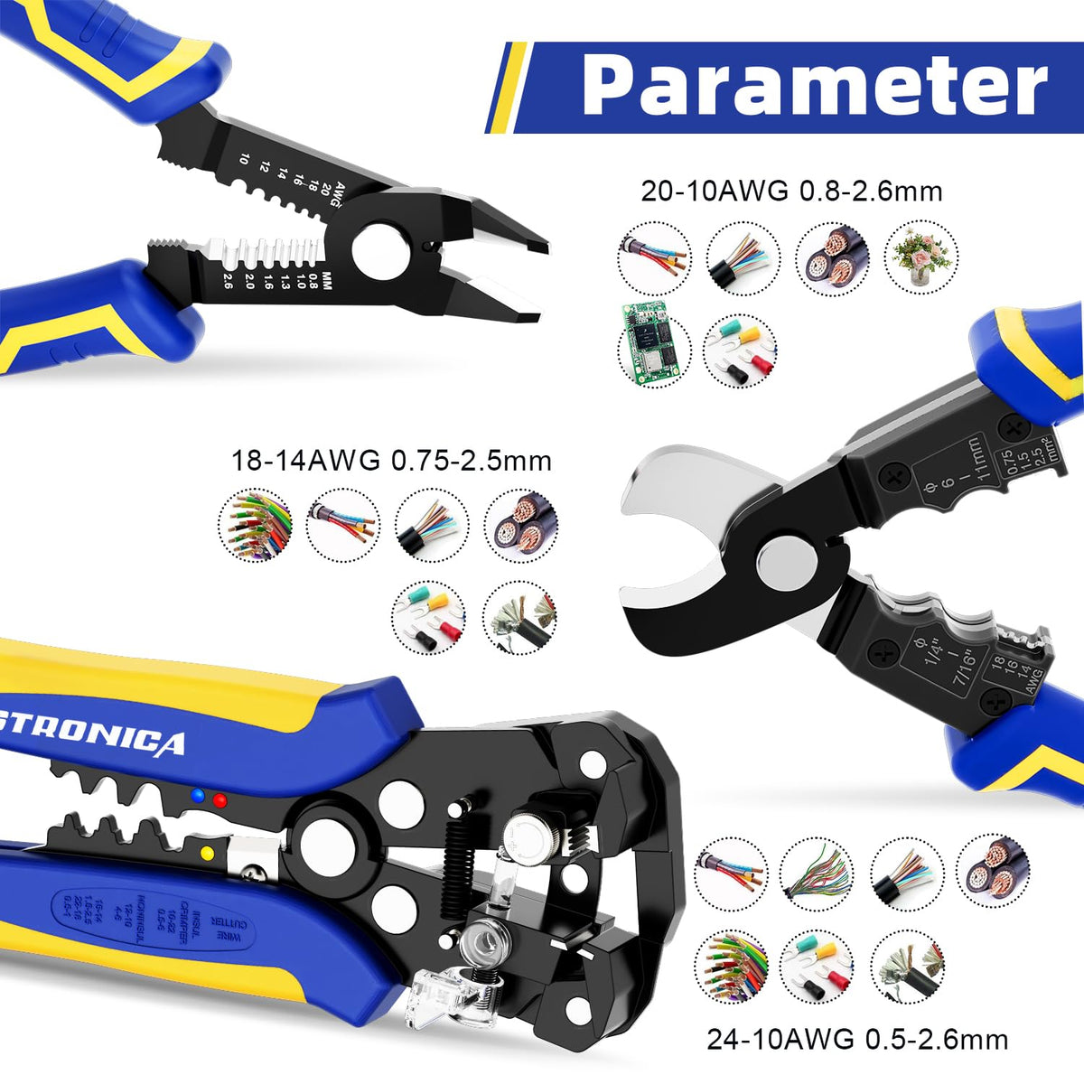 LinkMejor 3PCS Set de Déguisoir Automatique, Ciseaux de Câble Plats et Coupe-Câble