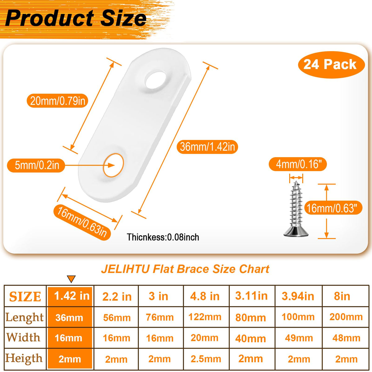 LinkMejor 24 Pack White Flat Brackets 1.42” x 0.63” Straight Brace